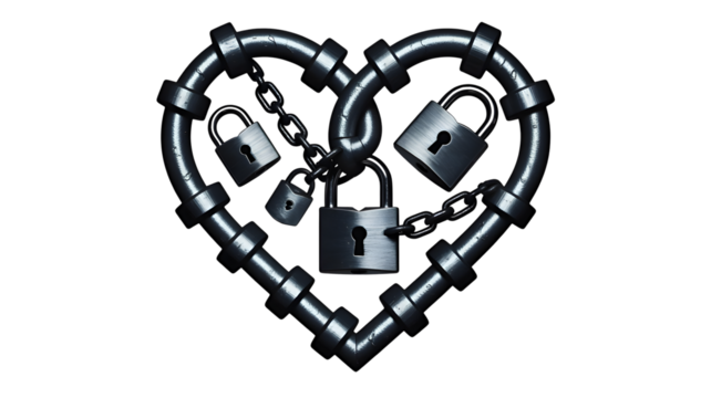 A heart shape forged from metal pipes and chains secured by multiple padlocks on a dark background, - Powered by Adobe