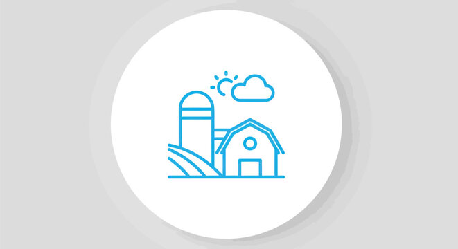 Farmhouse and silo under a sunny sky line art illustration.