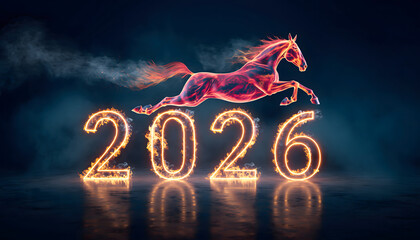 A dramatic Lunar New Year 2026 artwork featuring a glowing, fiery horse leaping above blazing 2026 numbers on a dark background, symbolizing power, momentum, success, and new beginnings.