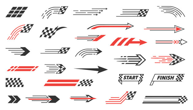 Speed lines effect with arrows start and finish signs racing elements in black and red color