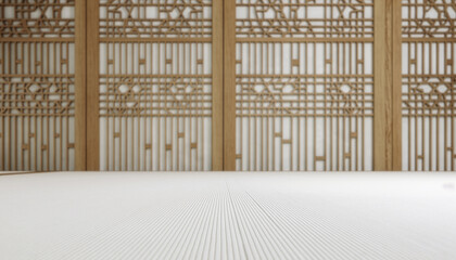 Blurred Korean traditional wooden lattice door background with empty white floor stage for product display and presentation