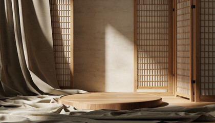 Korean traditional wooden folding screen background with beige fabric drape, round wood podium, and warm sunlight shadow for product display