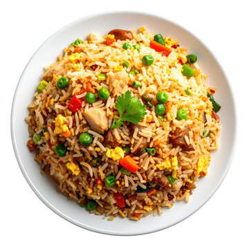 Authentic yangzhou fried rice with bamboo shoots and water chestnuts, expertly captured and isolated on white background