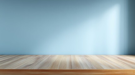 Clean Blue Wall With Large Copy Space &ndash; Minimal Wooden Table Background for Product Presentation and Advertising