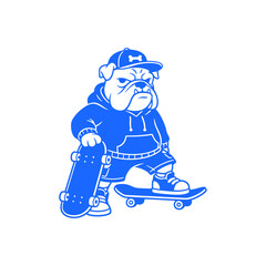 Cool bulldog character wearing hoodie and cap holding skateboard.