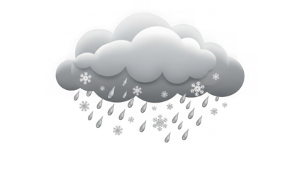 Gray cloud with snow and rain on transparent background isolated