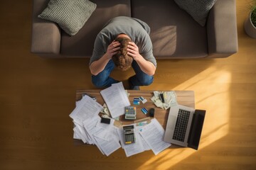 Financial Stress at Home &ndash; Overhead View of Man Worried About Bills, Budget and Personal Expenses