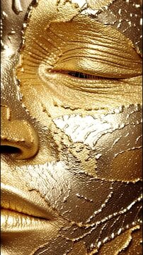 Golden Essence: Close-up of golden mask depicting a serene face, highlighting the textures and reflective glow. 