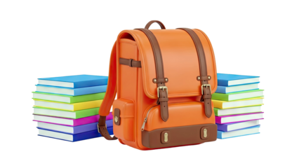 Orange Backpack with Stacks of Colorful Books