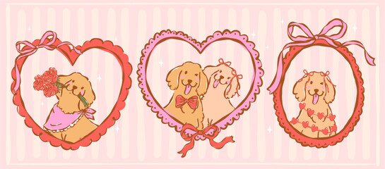 Whimsical golden retriever valentine frames hand drawn coquette retro pastel illustration banner