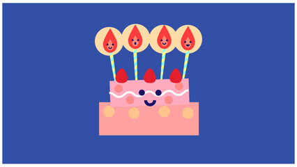 Obraz premium ろうそくが並んだピンクの誕生日ケーキのかわいいイラスト