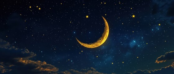 Fototapeta premium Crescent Moon Over Mountain Range Under Starry Night Sky With Milky Way Glow stars