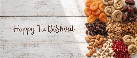 Happy Tu BiShvat jewish greeting &ndash; flat lay with colorful mix of dried fruits and nuts on white rustic wood background with copy space