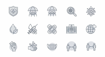 Fototapeta premium COVID-19 Protection and Prevention Icons Set - Shield, Insurance, Virus Search, Vaccine, Hospital, Global Health.