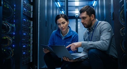 Two IT professionals collaborating in server room with laptop
