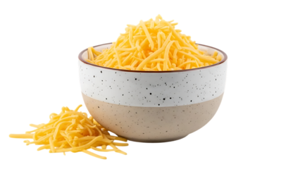 Bowl of shredded cheese with some cheese on the side isolated on a transparent background yellow white