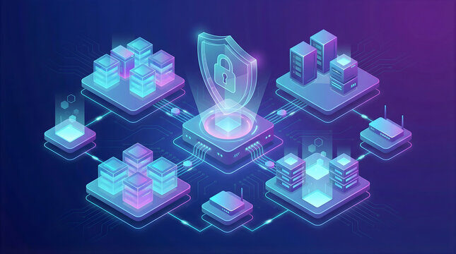 Cyber Security Shield Protecting Digital Data Network &ndash; Isometric Cloud Computing and Data Protection Technology Concept