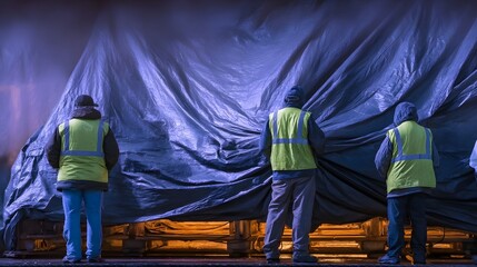Industrial workers in reflective vests cover large cargo with a dark blue tarp in an atmospheric setting