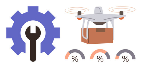 Fototapeta premium Technology, quadcopter delivery, maintenance, logistics, analytics, automation. A flying Quadcopter with a package, a gear with a wrench and performance charts. Technology and drone delivery
