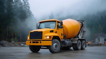 A bright orange cement mixer truck parked at a construction site on a foggy overcast day