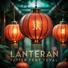 red chinese lanterns glowing with green background