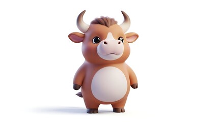 A cute 3D rendered cartoon bull character with brown fur and small horns standing on a white background.