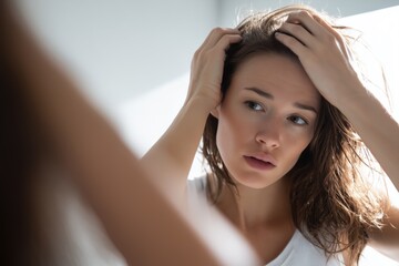 Minimalist Scalp Problem Concern &ndash; Woman Checking Hair Health Indoors