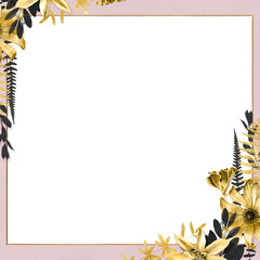 Vintage flowers png gold frame illustration pink background