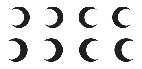 Fototapeta premium Group of simple crescent moon silhouette icons on white background