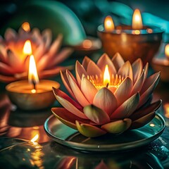 lotus shaped candles glowing in serene setting