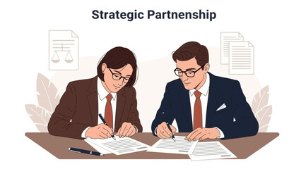 Business partners signing contract, strategic partnership agreement, teamwork concept