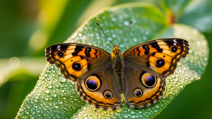 Obraz premium Vibrant Butterfly with Dewdrops on a Green Leaf