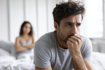 Stressed Couple Relationship Conflict In Bedroom Emotional Distance Concept