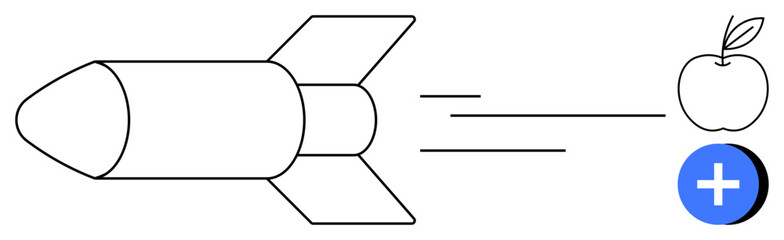 Fototapeta premium Innovation concept. Rocket flying toward an apple and a plus symbol progress. Innovation driving growth, productivity, and new opportunities. For technology, education, startups, and advancements