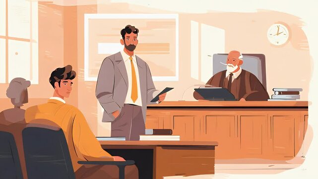 Legal Presentation in a Flat Illustrated Courtroom Setting