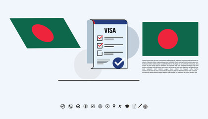 Visa Process With Bangladesh Flags, Checklist Paper, And Iconography In Modern Illustration.