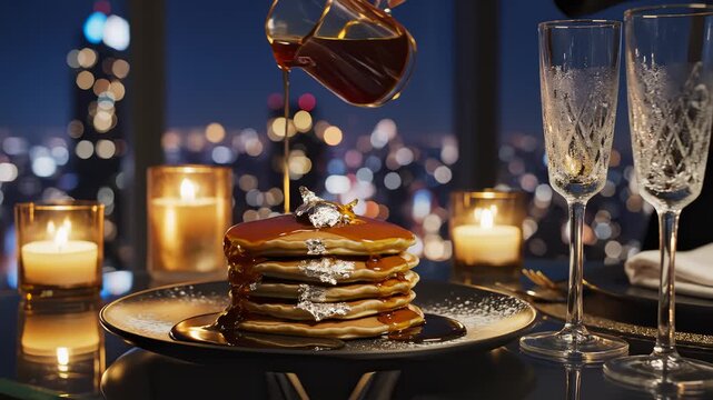 Chef Pours Maple Syrup Onto Stacked Pancakes at Night in Luxury Setting