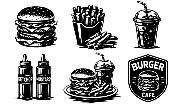 Vector set of burger cafe and fast food illustrations with fries, drinks and sauces, black and white line art for branding and menus