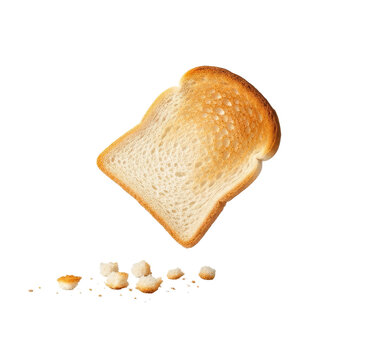 A slice of toasted bread floating in mid-air with crumbs scattered on a png transparent