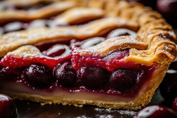 Slice of Cherry Filled Pie with Golden Crust and Powdered Sugar Dusting Close Up filling