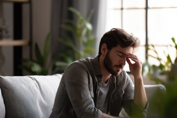 Young Man Experiencing Headache and Stress at Home Living Room