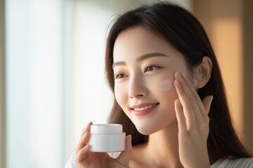 Young Woman Applying Face Cream &ndash; Daily Skincare Routine, Natural Beauty and Self Care Concept