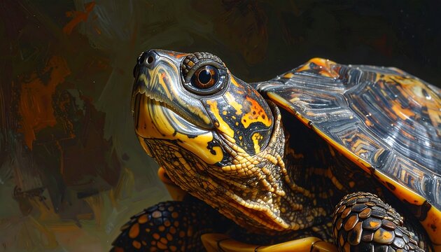 Close-up of a turtle's head and shell, showcasing intricate patterns of yellow, orange, and black, against a muted background