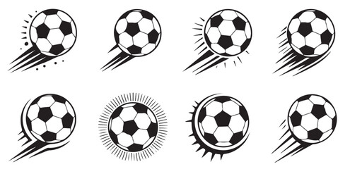 Set of speeding soccer football ball illustrations showing motion trails and dynamic action graphic logos
