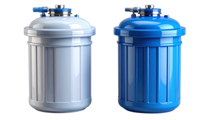 Sand filter tank with top mount control valve set isolated on transparent background.