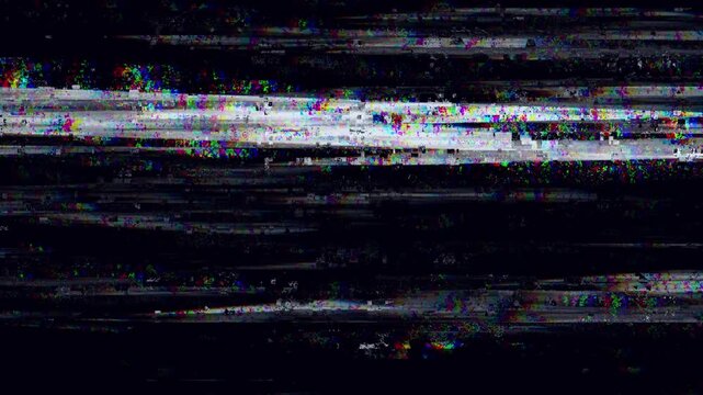 Glitchy TV and computer screen with colorful noise, VHS no signal static, RGB split glitch, broadcasting error, and damaged screen distortion.