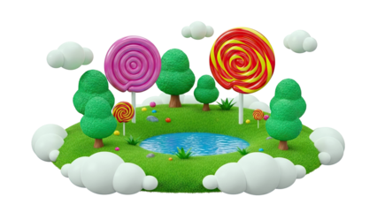 Whimsical Lollipop Land with Candy Trees and Pond