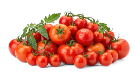 A pile of fresh, ripe tomatoes with green leaves on a png transparent