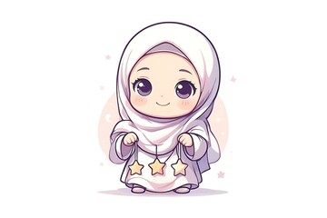 Obraz premium A cute chibi girl wearing a white hijab holds a string of golden stars against a simple background.
