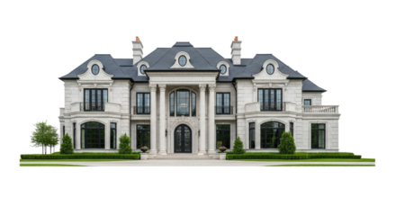 A grand, white, stone mansion with black roof and columns, surrounded by lush greenery and a png transparent